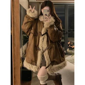 美拉德風羊羔毛絨外套女冬季高階感麂皮絨美式復古加絨加厚棉衣服