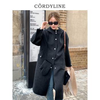cordyline黑灰色長款連帽毛呢外套女秋冬季小個子雙面呢羊毛大衣