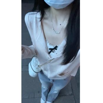 木耳邊粉色針織開衫女秋季冰絲薄款外搭防曬衫外套小披肩坎肩上衣