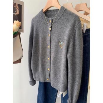 圓領學院風刺繡毛衣外套羊絨開衫
