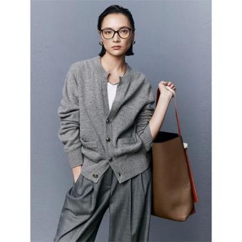高階感灰色v領美拉德毛衣外套女秋冬外搭復古羊絨針織開衫上衣厚