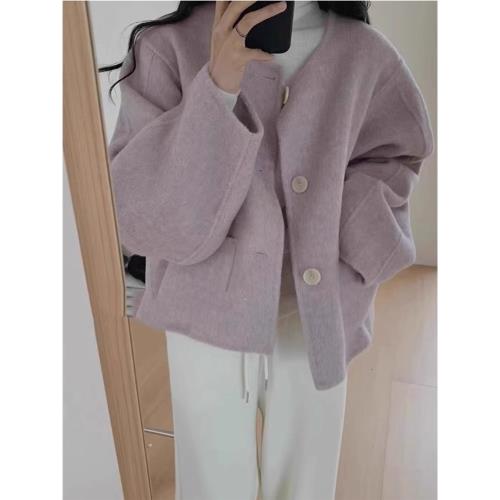 法式小香風紫色短款毛呢外套女秋冬高級感超好看羊絨呢子大衣開衫