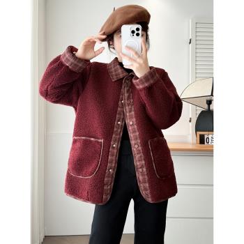 胖mm格紋翻領羊羔毛外套女2024新款秋冬大碼女裝加厚皮毛一體上衣