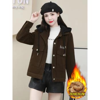 加絨加厚休閑連帽派克服短外套女士2024冬季新款韓版百搭棉服上衣