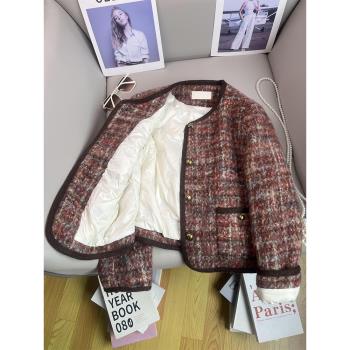 小香風女冬季鑲邊羊毛呢子羽絨服