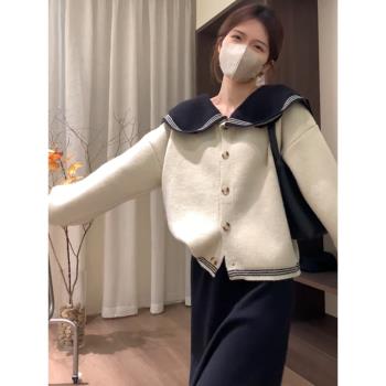 海軍娃娃領撞色毛衣開衫外套女秋冬季新款洋氣減齡慵懶針織衫上衣