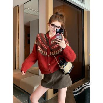 (免運)復古紅色費爾島毛衣女秋冬2025新款慵懶風加厚美拉德開衫針織外套