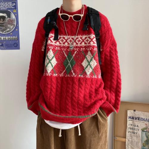 (免運)2025新款紅色新年費爾島毛衣男春季慵懶風高級感針織衫麻花外套