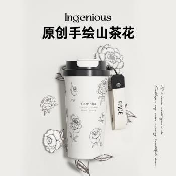 (免運)face山茶花陶瓷內膽咖啡保溫杯