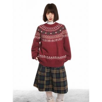 (免運)新年紅色費爾島套頭毛衣女秋冬開春加厚內搭慵懶風羊絨針織衫上衣