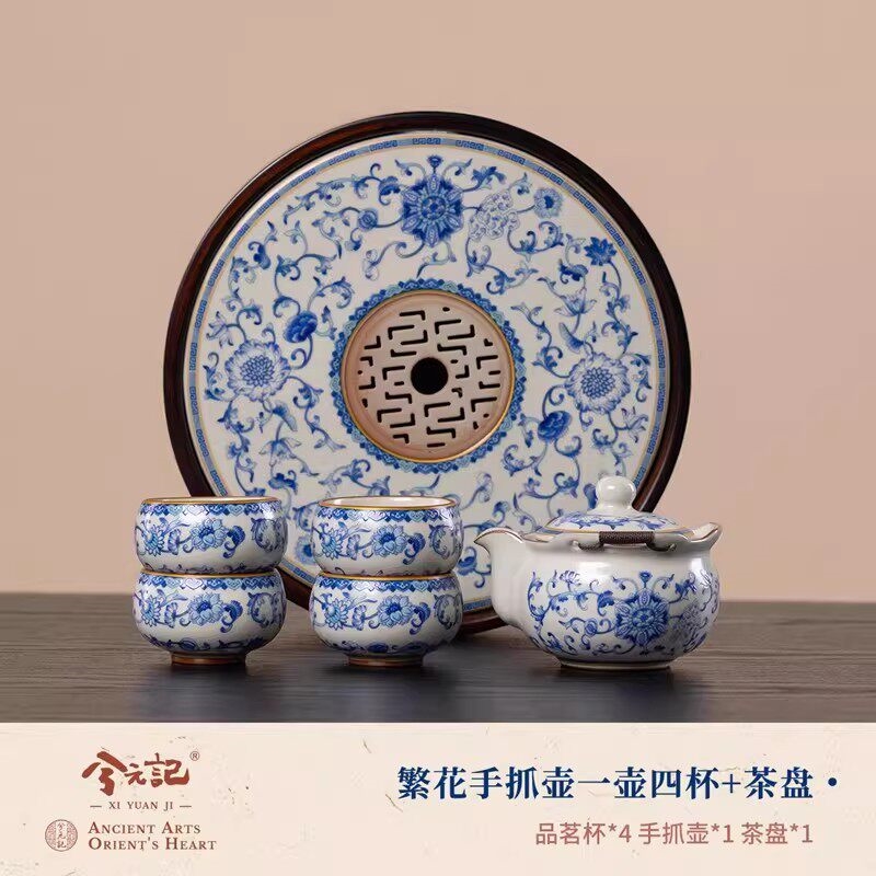 免運)兮元記青花汝窯手抓壺蓋碗茶杯單個高檔家用泡茶壺琺瑯彩功夫茶具