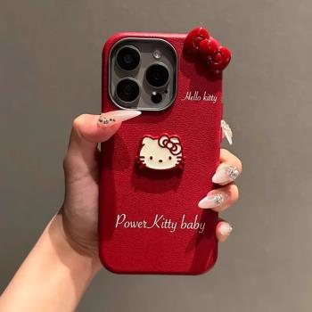 適用蘋果16promax手機殼iphone15高階14pro全包13promax皮紋12韓11新款16plus防摔立體kitty蝴蝶結保護套