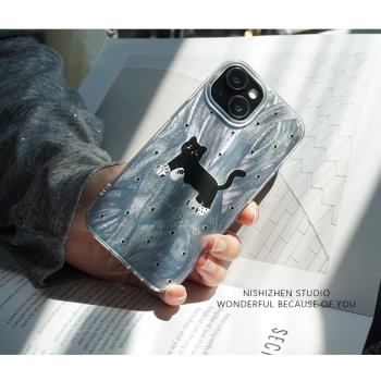 小貓的黑白襪子IMD羽紗殼簡約可愛適用iPhone14promax原創設計風蘋果15promax新款iPhone13全包防摔手機殼