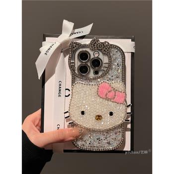 適用蘋果16ProMax手機殼秋冬新款iPhone15pro閃片滿鉆kt貓14pm個性可愛少女心13電鍍矽膠12小眾創意11保護套