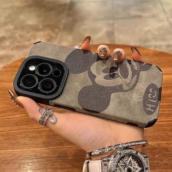 灰色翻毛皮探頭米奇適用蘋果16promax手機殼卡通新款iphone15pro彩繪14可愛高級感女13全包防摔保護套16pro軟