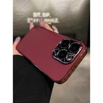 酒紅色真皮電鍍適用iPhone16pro手機殼15pm帶鏡頭膜蘋果14ProMax保護套新款高階感13pro本名年高檔簡約12男女