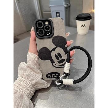 米奇米妮適用蘋果16promax手機殼iphone15矽膠套14pro軟殼13pm復古翻毛皮16手腕帶掛繩創意男女卡通情侶防摔