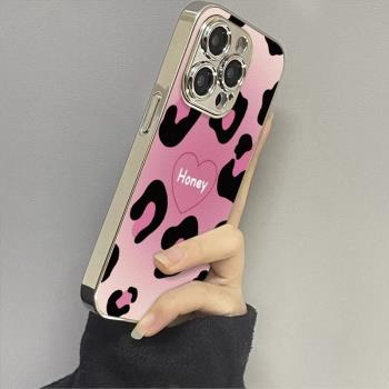 粉色豹紋適用蘋果16pro max手機殼新款電鍍iphone15pro小羊皮保護套高階感16plus女款14奢華15pm可愛凱蒂貓13