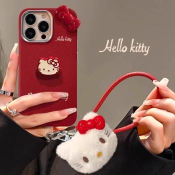 Kitty公仔適用蘋果16promax手機殼新款iphone15pro保護套帶掛繩14pro全包防摔13p紅色可愛12矽膠16plus網紅女