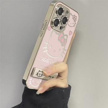 粉色凱蒂貓適用蘋果16pro max手機殼新款電鍍iphone15pro鏡面保護套高階感16plus女款奢華15pm可愛12潮牌13男