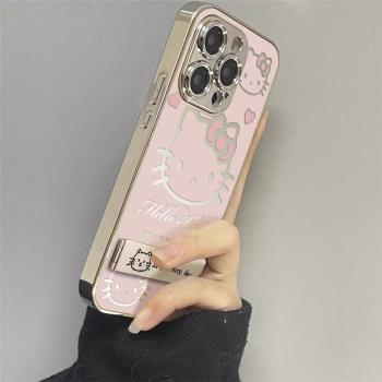 粉色可愛KT貓適用蘋果16promax手機殼電鍍鏡面iphone15pro新款彩繪14奢華高級感女款13全包鏡頭16p防摔保護套