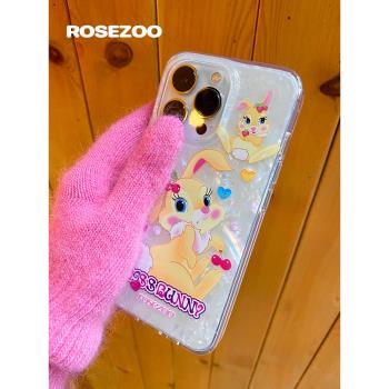 玫瑰動物園ins適用蘋果卡通可愛新兔年小兔子黃色鉆石閃閃貝殼紋14proMax13p12全包雙層手機殼