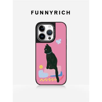 FUNNYRICH粉色酷酷黑貓適用iPhone16ProMax手機殼蘋果15plus新款磁吸保護套14女款小眾高階感防摔卡通ins可愛