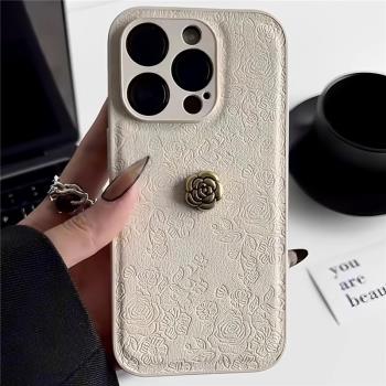 適用蘋果16promax手機殼15pm氣質白滿屏玫瑰花iphone14pro保護套13新款12小香風11山茶花x皮質全包15創意xr女