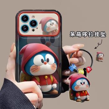 適用蘋果15promax手機殼16叮當貓翻蓋補妝鏡女新款iphone14pro卡通13帶支架12pm可愛11網紅por全包防摔保護套