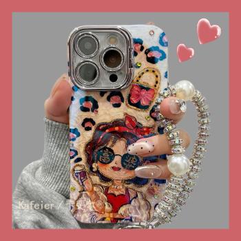 卡斐爾 適用油畫豹紋發財富婆女孩手鏈蘋果15pro max手機殼iPhone16新款12矽膠14女plus鏡框支架13防摔11藍光