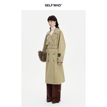 (免運)[孫千同款]SELFWHO老錢風卡其色風衣女春新款經典雙排扣長款外套