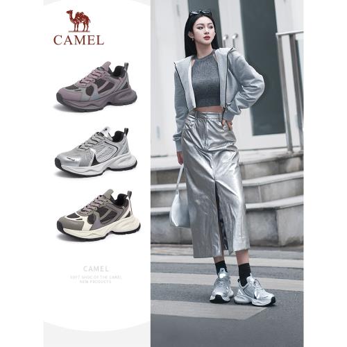 (免運)駱駝老爹鞋女2025秋冬新款厚底加絨休閑銀色跑步運動鞋女