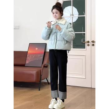 (免運)藍色超好看短款棉服女2024年冬季套裝高階感小香風羊羔毛麵包外套