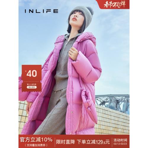 (免運)inlife白鵝絨羽絨服女2024冬季新款保暖加厚中長款連帽面包外套