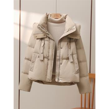 (免運)90白鴨絨羽絨服女短款2024新款冬韓版加厚可拆卸帽小個子麵包外套