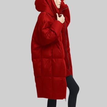 (免運)紅色連帽找羽絨服女2024年冬裝新款寬松加厚中長款鴨絨麵包外套潮