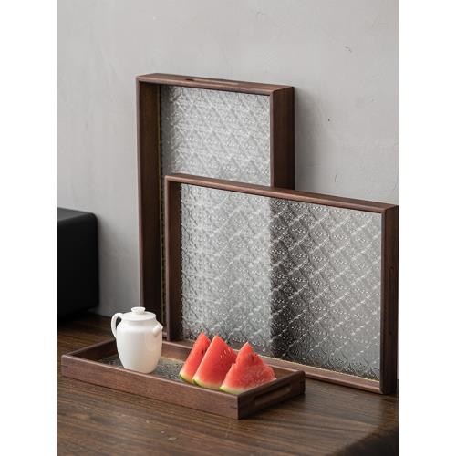 胡桃木托盤長方形窗花玻璃放杯子收納盤家用小茶盤水果點心盤餐盤