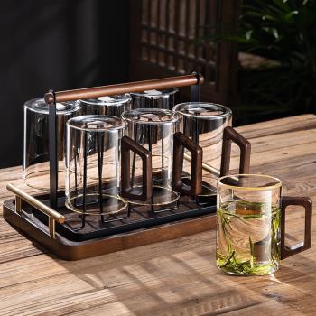 家用客廳木把透明玻璃6只茶杯