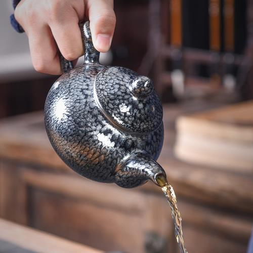 建陽建盞茶壺大容量純手工鐵胎單壺復古油滴百花泡茶壺家用陶瓷壺