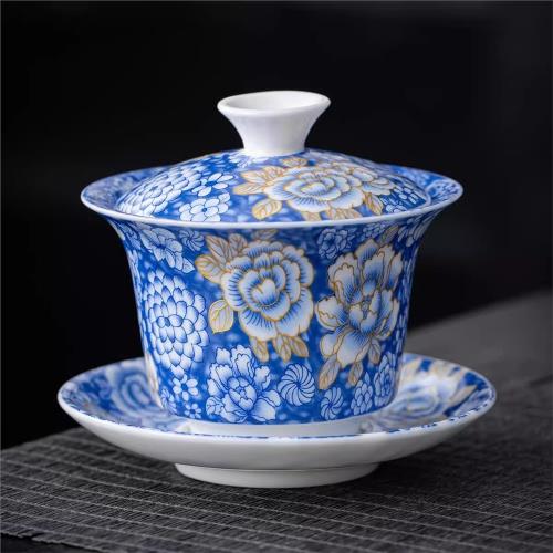 可懸停蓋碗旋轉2025新款青花白瓷花式三才泡茶碗茶盞功夫懸浮蓋子|蓋碗