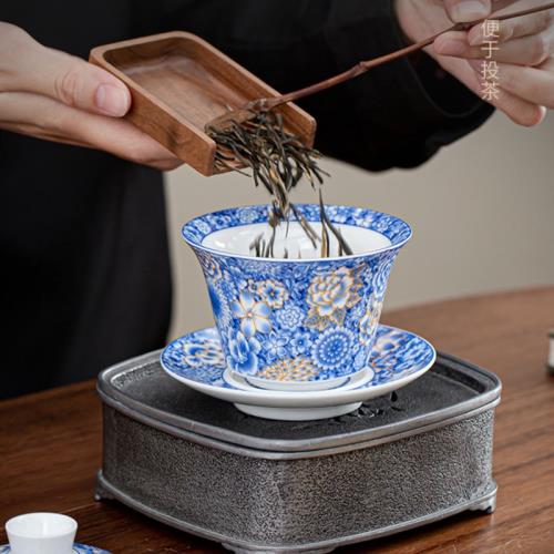 可懸停蓋碗旋轉2025新款青花白瓷花式三才泡茶碗茶盞功夫懸浮蓋子|蓋碗