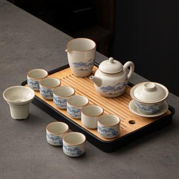 汝窯青山功夫茶具套裝家用陶瓷茶壺茶杯茶盤辦公會客喝茶中式整套
