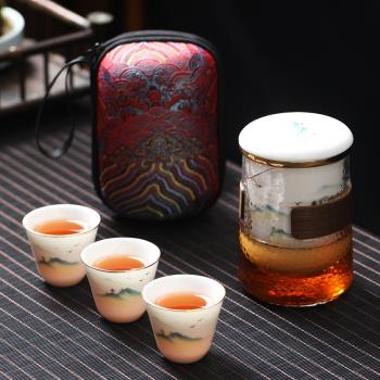 陶瓷快客杯羊脂玉瓷便攜式功夫旅行茶具套裝玻璃茶壺戶外一壺三杯