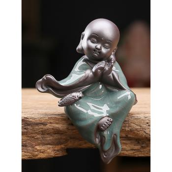 創意茶寵沙彌小和尚陶瓷擺件紫砂可養茶玩茶桌盆景假山禪意擺設