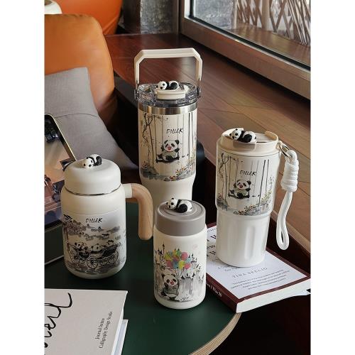 水墨畫熊貓保溫杯大容量不銹鋼水杯女生咖啡隨行杯便攜高顏值杯子