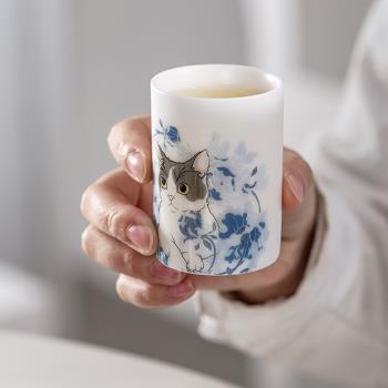 羊脂玉瓷冰種單個主茶杯陶瓷貓咪喵星人功夫具品茗情侶可愛設計師