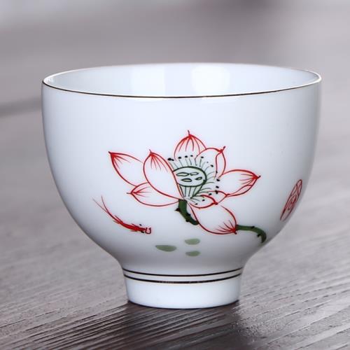 景德鎮精品手繪描金杯茶杯薄胎品茗酒杯金鯉魚蓮花杯茶具青花茶盞
