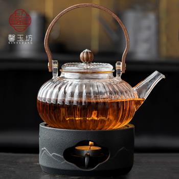輕奢玻璃煮茶壺套裝可明火蠟燭加熱酒店餐廳中式溫茶爐提樑壺泡茶