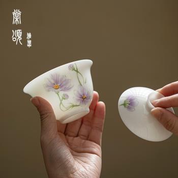 棠頌丨景德鎮手繪馨蓮蓋碗冰種羊脂玉薄胎白瓷泡茶碗功夫茶具套裝