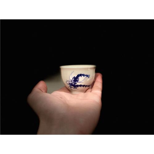 90年代德化手繪老杯子 青花白瓷畫蝦戲圖 全手大師繪工夫茶主人杯